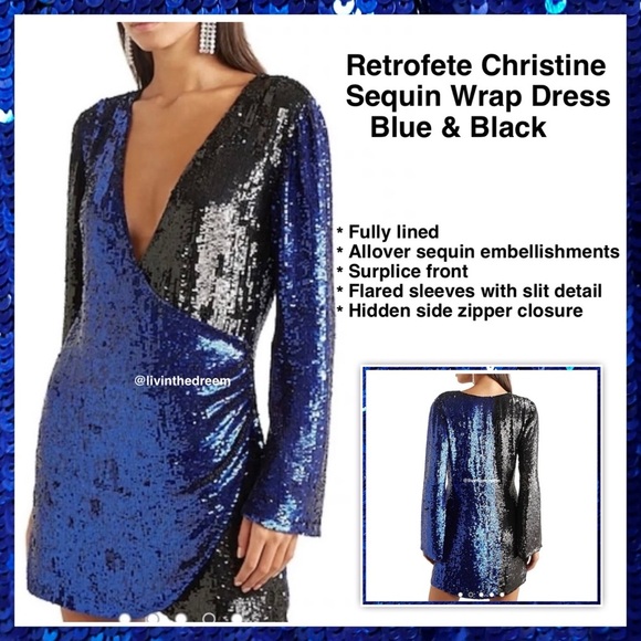 NWT Retrofete Christine Sequin Wrap Dress Blue and Black SZ LARGE $690
